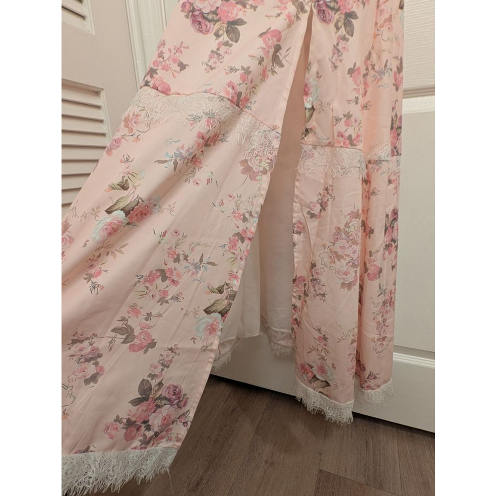 Women's Pink Floral Maxi Dress shoulder tie lace trim new preppy dainty flowy XS - Picture 4 of 9